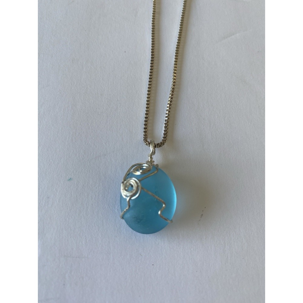 Sea Glass Silver Wire Wrapped Pendant On A Silver Chain‎ Necklace 925